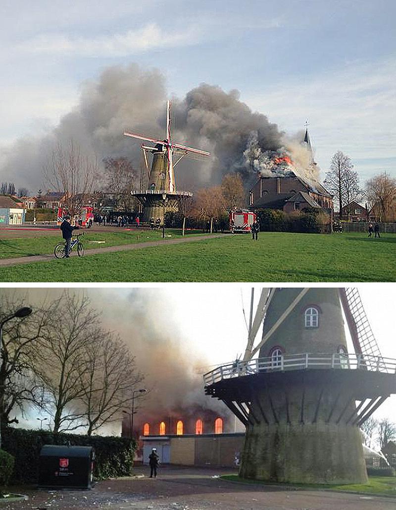 5, Molen 03603 Windlust (Hoek), Omroep Zeeland (1-1-2015). De kerk staat in lichterlaaie maar de brand gaat letterlijk aan de molen voorbij.  | Database Nederlandse molens