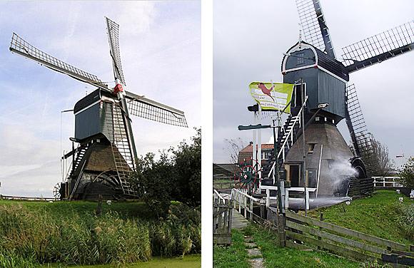 4, Molen 01052 Oukoper Molen (Nieuwer Ter Aa), Foto links: Willem Jans (8-10-2006).  Foto rechts: Piet Schiereck (3-1-2009). | Database Nederlandse molens