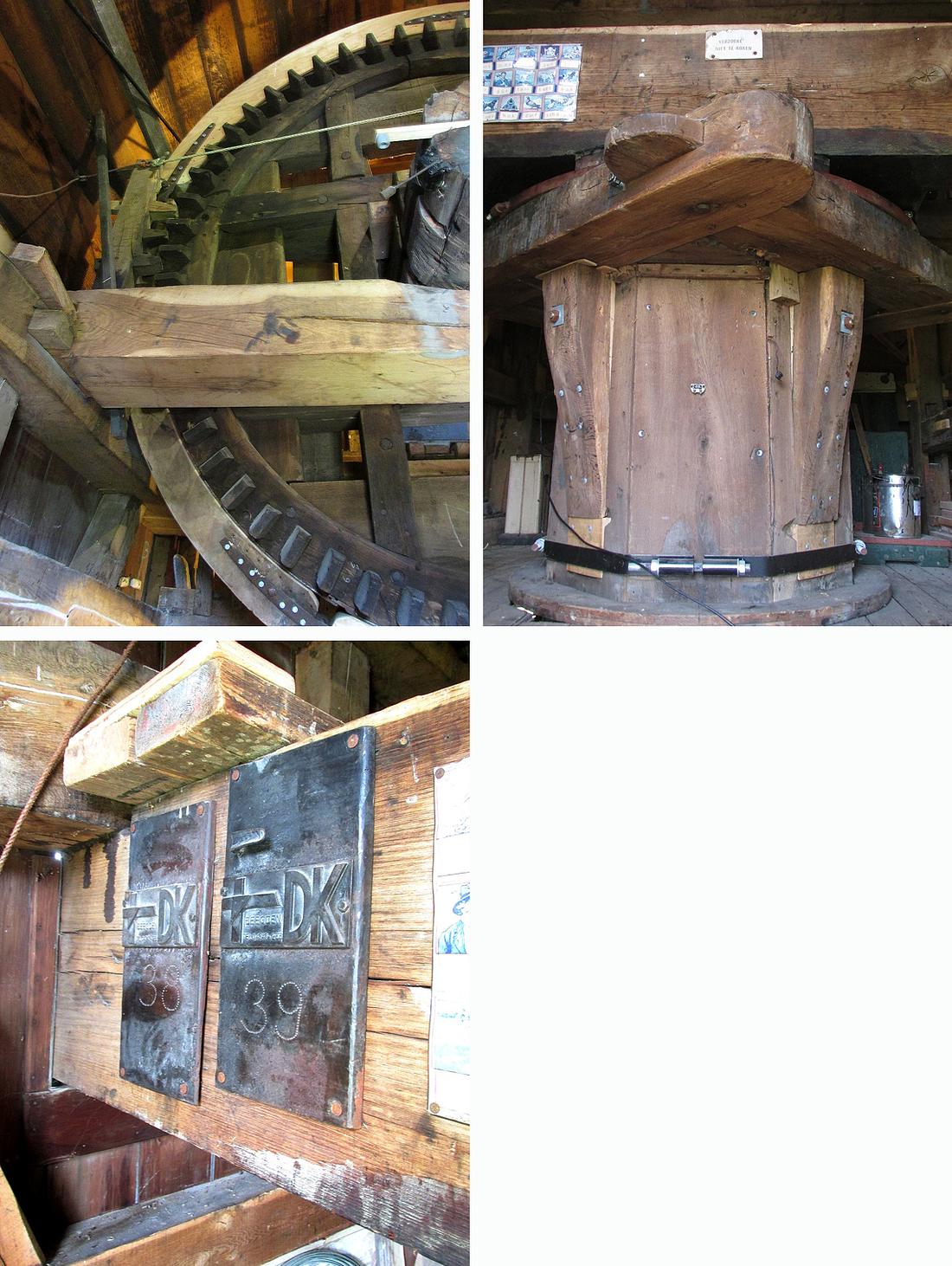 9, Molen 00003 De Trouwe Wachter (Tienhoven), Het kapinterieur toont alleen het bovenwiel, de koningspil ontbreekt. Daaronder de roedeplaatjes van Derckx op de steenbalk.  Piet Glasbergen (10-5-2015). | Database Nederlandse molens