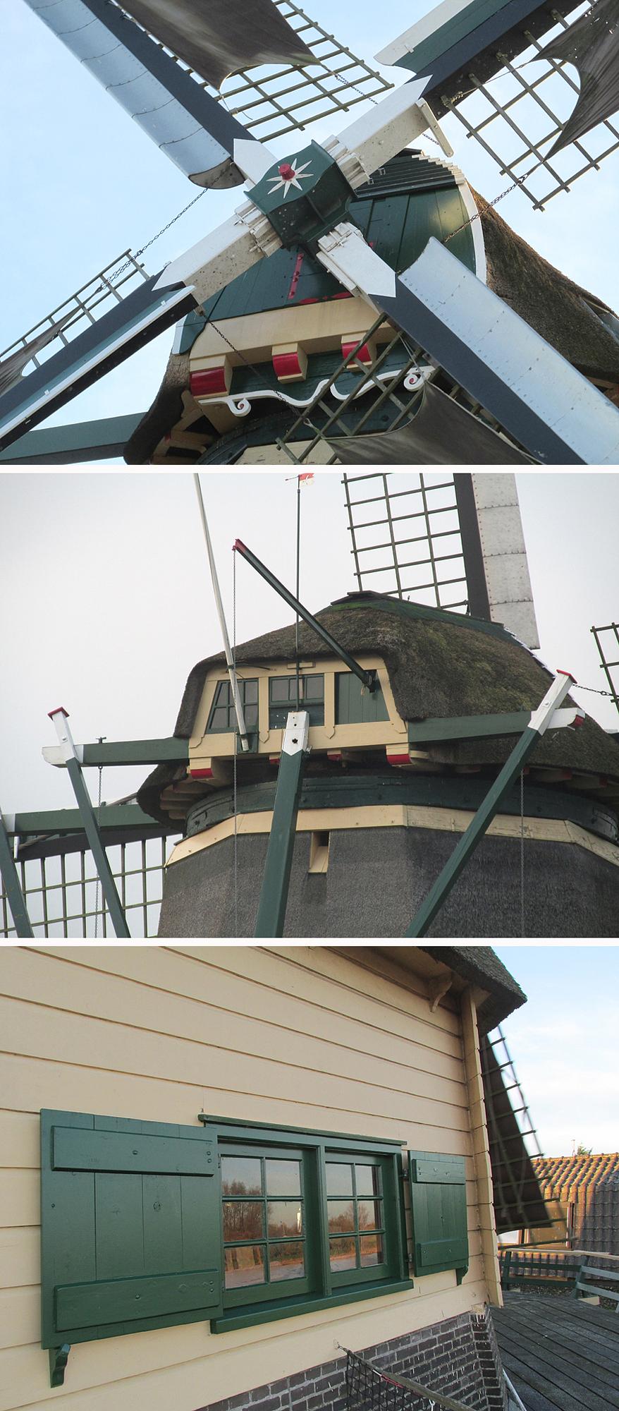 3, Molen 01053 De Ruiter (Vreeland), Piet Glasbergen (23-11-2013)Bovenste foto: uniek zijn de witte 'sokken' met punten bij de askop. | Database Nederlandse molens