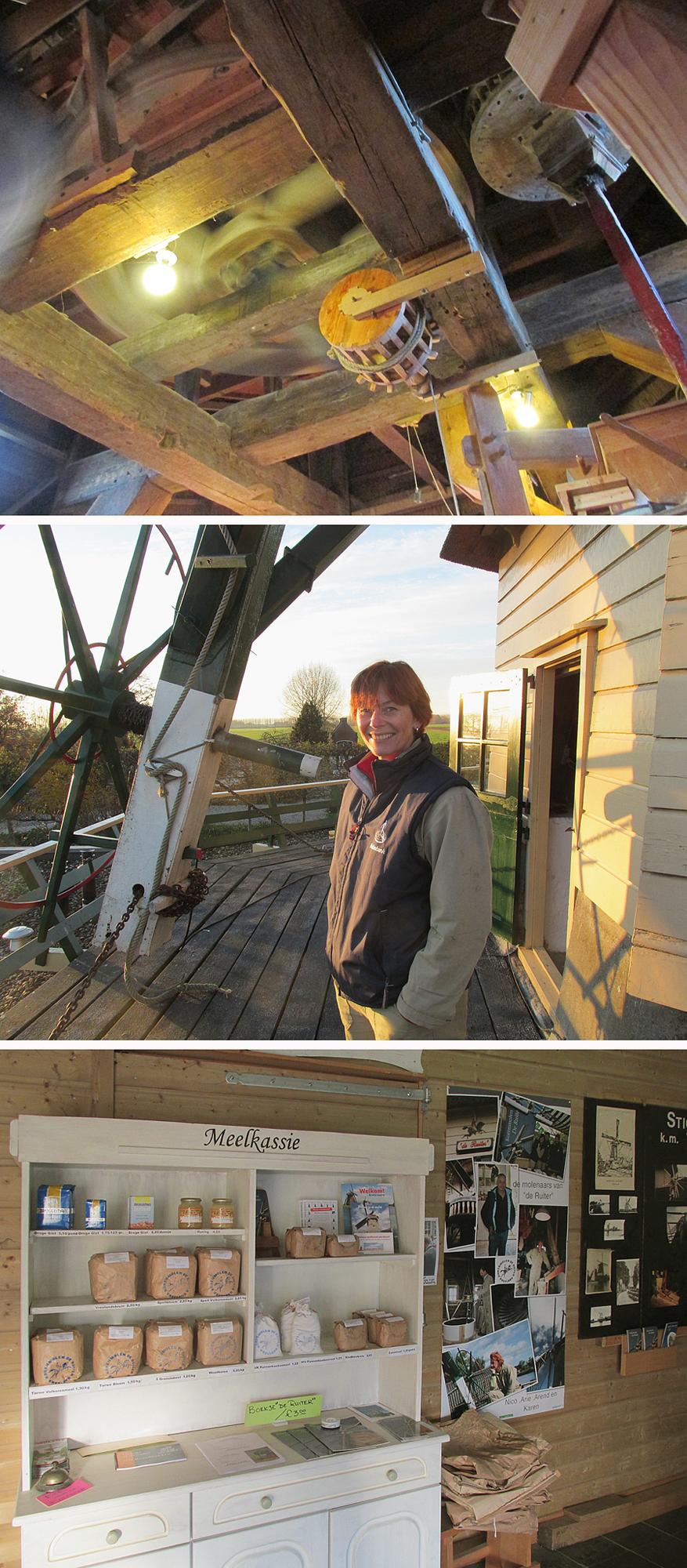 6, Molen 01053 De Ruiter (Vreeland), Piet Glasbergen (23-11-2013)Middelste foto: molenaar Karen Walter, één van de vier op De Ruiter. | Database Nederlandse molens
