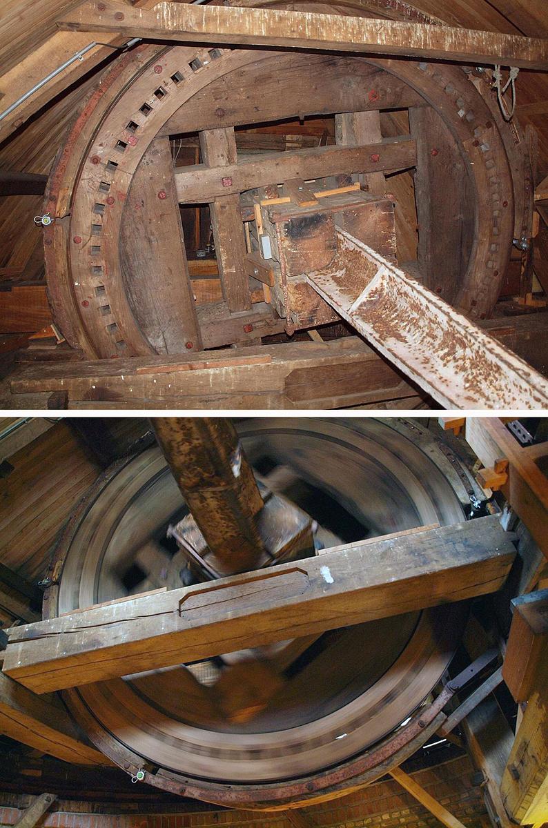 7, Molen 01663 Ons Genoegen (Middelburg), Jeroen van Dijke (30-1-2014)Het bovenwiel zonder kammen en de koningspil ontbreekt. Let ook op de onafgewerkte ijzerbalk. | Database Nederlandse molens
