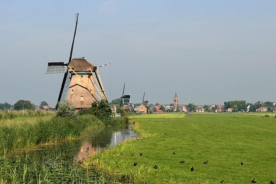 1, Molen 01487 Achtkante Molen (Groot-Ammers), Een buitengewoon schitterend molenlandschap in optima forma!  Op de achtergrond de Graaflandse Molen, de Gelkenesmolen en de kerktoren van Groot-Ammers.  John Scholte (2-8-2011).  | Database Nederlandse molens