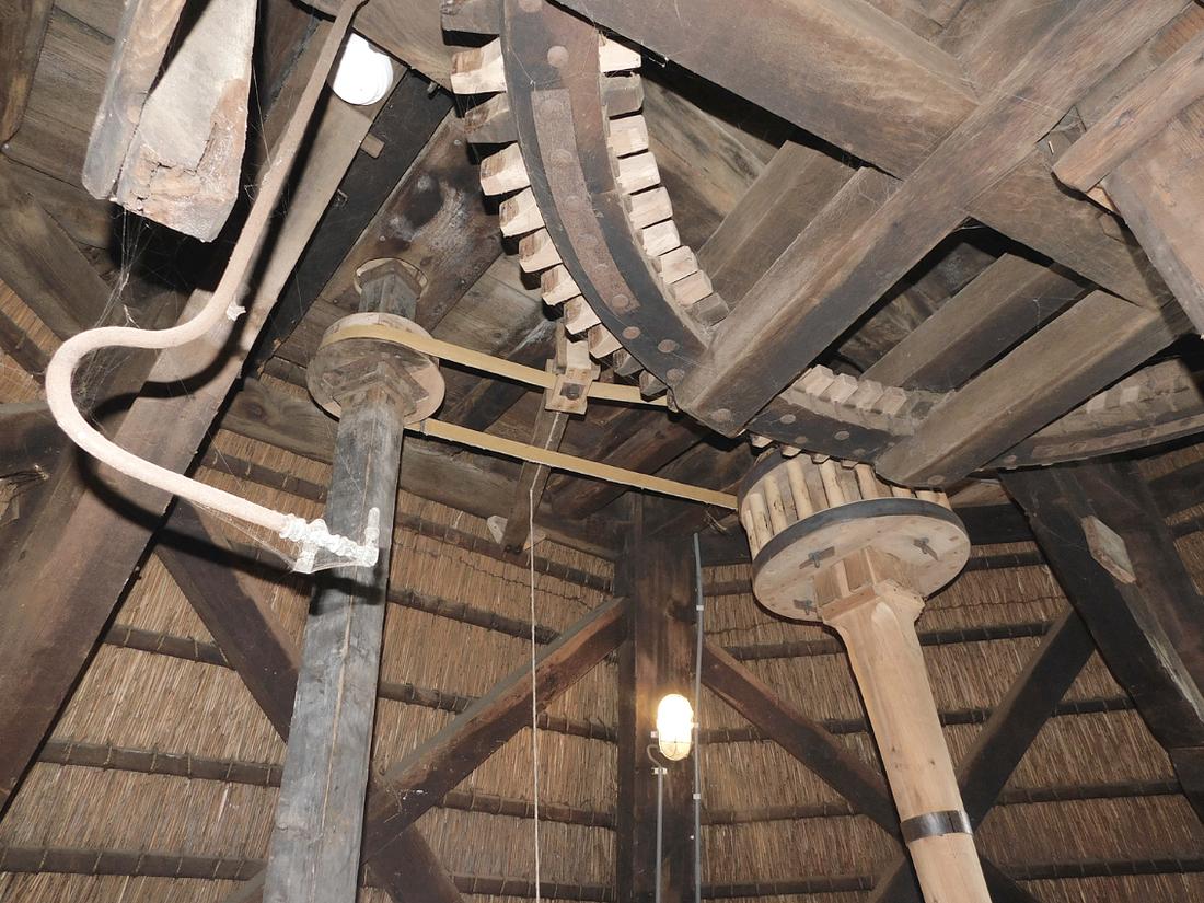 21, Molen 01760 De Lelie (Rotterdam), Piet Glasbergen (27-6-2018)Aandrijving van de schudzeef: met een band van de steenas naar de zeefas, die strak getrokken kan worden met een touw dat een schuif bedient. | Database Nederlandse molens