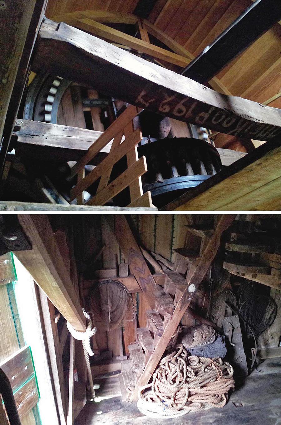 6, Molen 00838 Westmolen (Gorinchem), Boven: het bovenwiel van de Westmolen. Onder: de authentieke sfeer hangt nog in het bovenhuis. Hier is ook de typerende binnenvangstok te zien.  Theo de Rooij (24-9-2012).  | Database Nederlandse molens