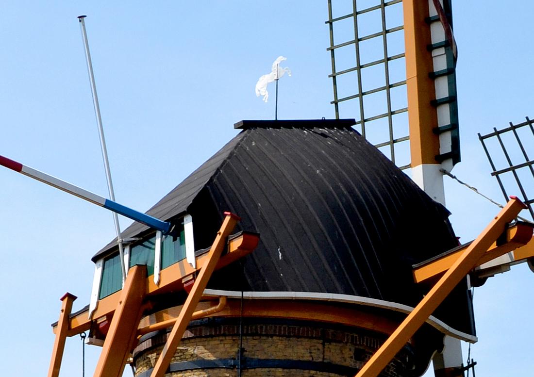7, Molen 01908 (Naamloos) (Oostvoorne), Rob Pols (16-7-2015)De typische windwijzer in de vorm van een springend paard op de kap.  | Database Nederlandse molens