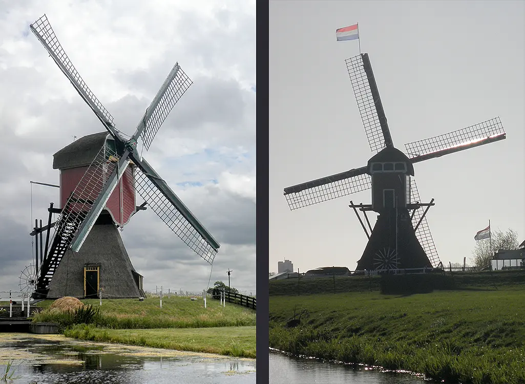 5, Molen 01812 Rode Molen (Oud Ade), Paul Knelange (2020 en 2018)Links: De steeds zeldzamer wordende overhekstand. Rechts: Rijnlandse vreugdestand. | Database Nederlandse molens