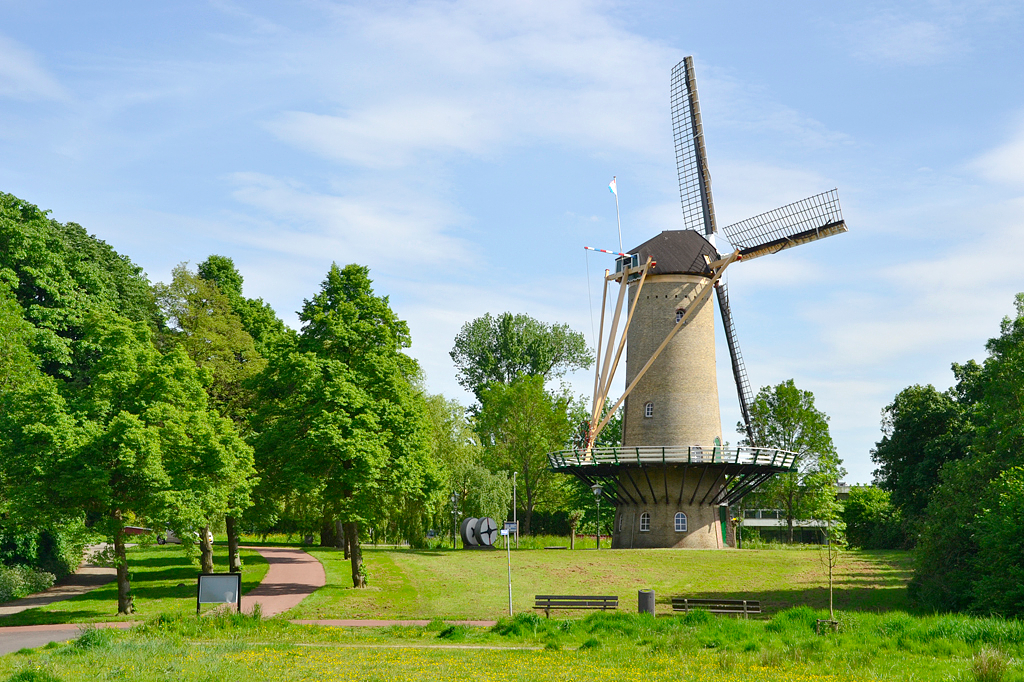 3, Molen 10336 De Speelman (Rotterdam), Rob Pols (17-5-2017)Een actueel overzicht van de landschappelijjke situatie: ideaal is het nog zeker niet, maar de molen heeft zeker meer lucht gekregen door het kappen van een aantal (hoge) bomen. | Database Nederlandse molens