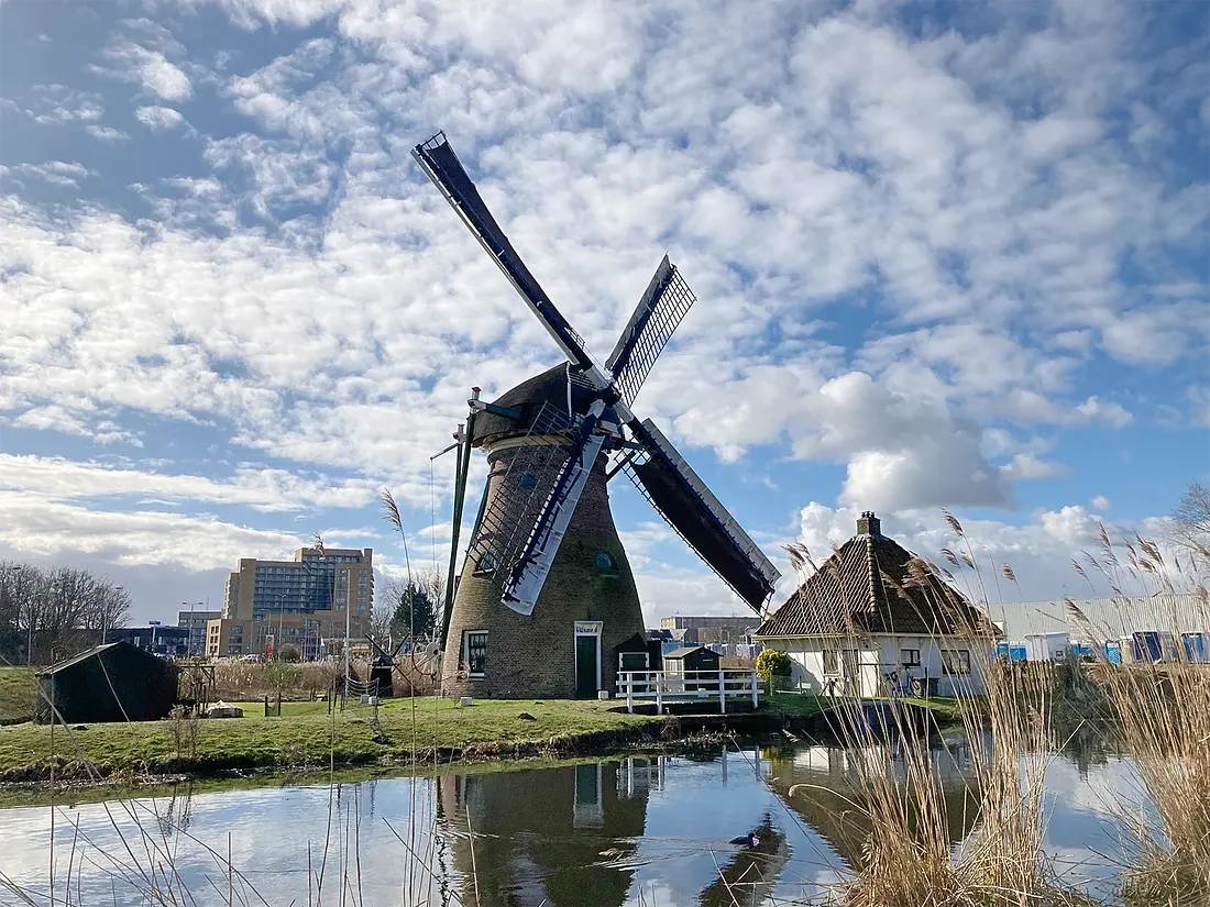 1, Molen 12278 Stadsmolen (Leiden), Job de Groen (25-2-2023)De stadsmolen in Leiden met 2 volle zeilen in bedrijf met een stevige noordoostenwind. | Database Nederlandse molens