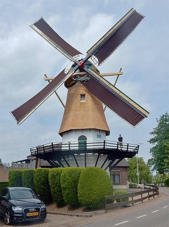 Molen 01980 De Hoop (Maasdam), Tony Hop (21-5-2016)De Hoop na de recente restauratiebeurt.Net een danseres met een iets te kort rokje.&nbsp; | Database Nederlandse molens