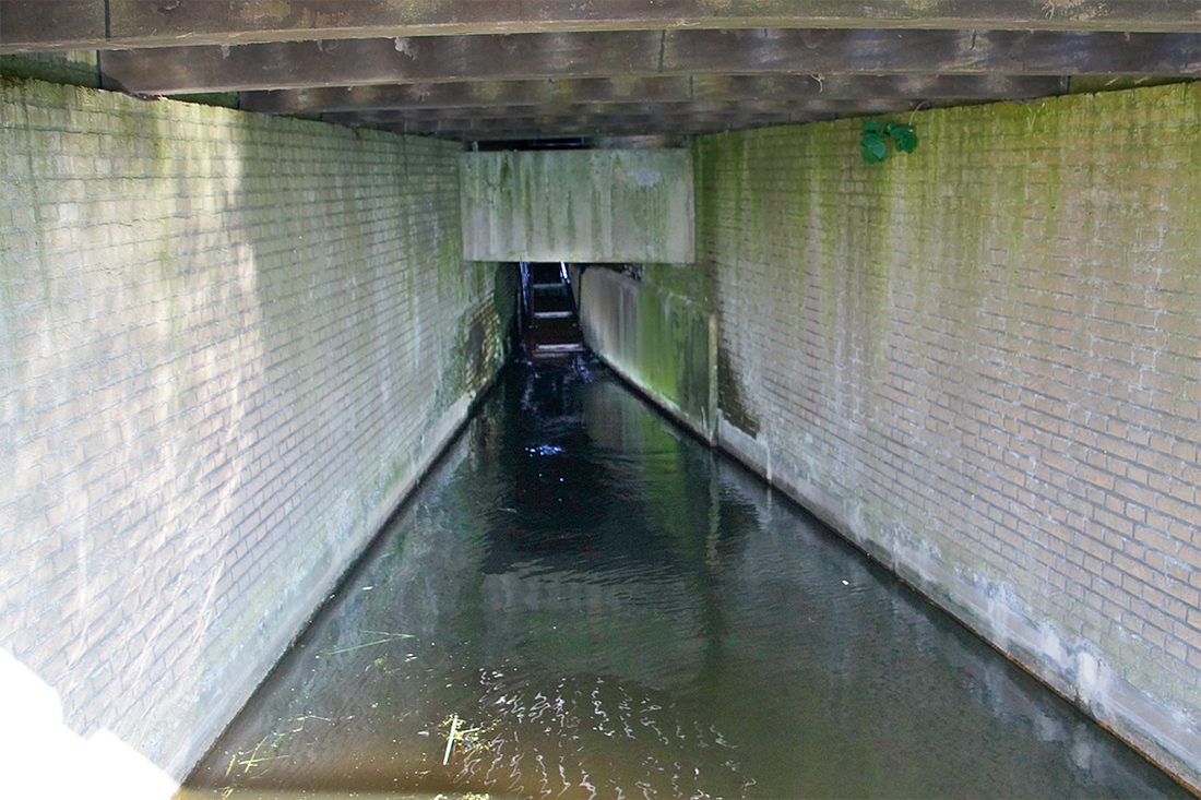 9, Molen 01788 Boterhuismolen (Warmond), Matthieu Hoogduin (20-5-2017)Blik in de achterwaterloop met het scheprad. | Database Nederlandse molens