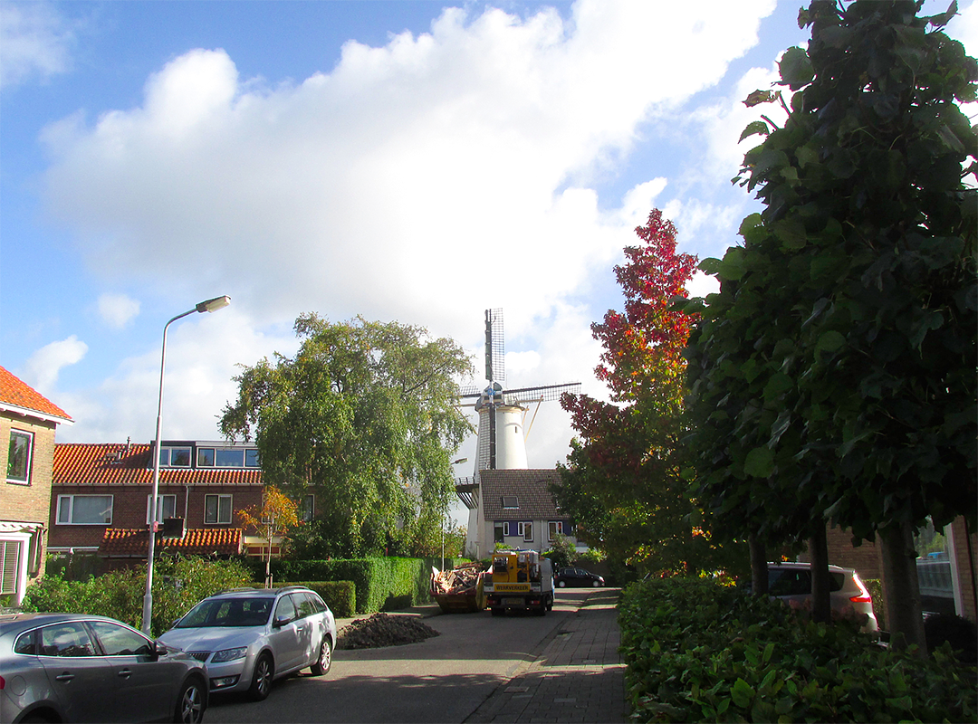 1, Molen 00937 De Hoop (Zoetermeer), Piet Glasbergen (5-10-2017)De biotoop gezien van de westkant: een nieuwbouwwijkje met eengezinswoningen. | Database Nederlandse molens