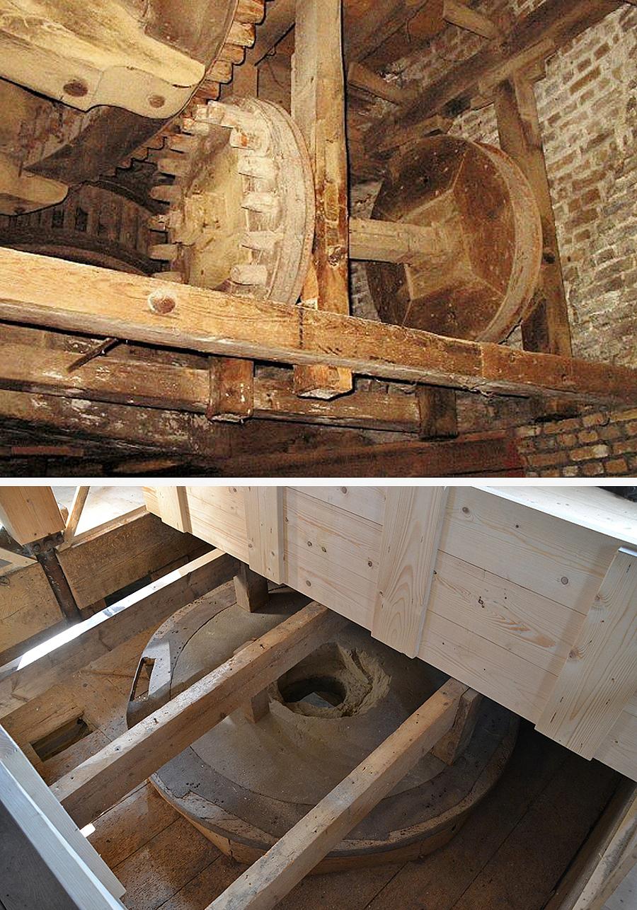 16, Molen 01172 De Drie Koornbloemen (Schiedam), Boven: het merkwaardige wiel dat deel heeft uitgemaakt van het vroegere pelwerk. De functie hiervan is nog steeds niet helemaal duidelijk.&nbsp;Onder: één van de twee oorspronkelijke pelstenen. Rob Pols (boven 28-2-2004, onder 13-9-2014). | Database Nederlandse molens