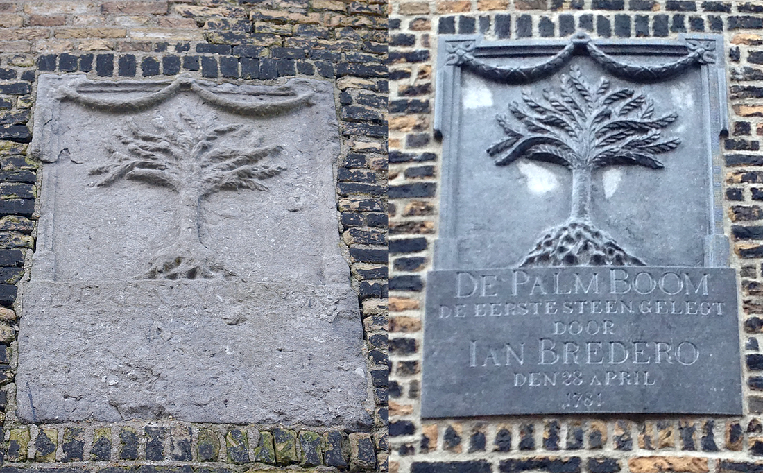 5, Molen 12213 De Palmboom (Schiedam), Boukje van Leijen (L. 16-2-2016). Bastiaan de Jong (R. 20-8-2017). De verweerde gevelsteen en de inmiddels aangebrachte kopie.  | Database Nederlandse molens