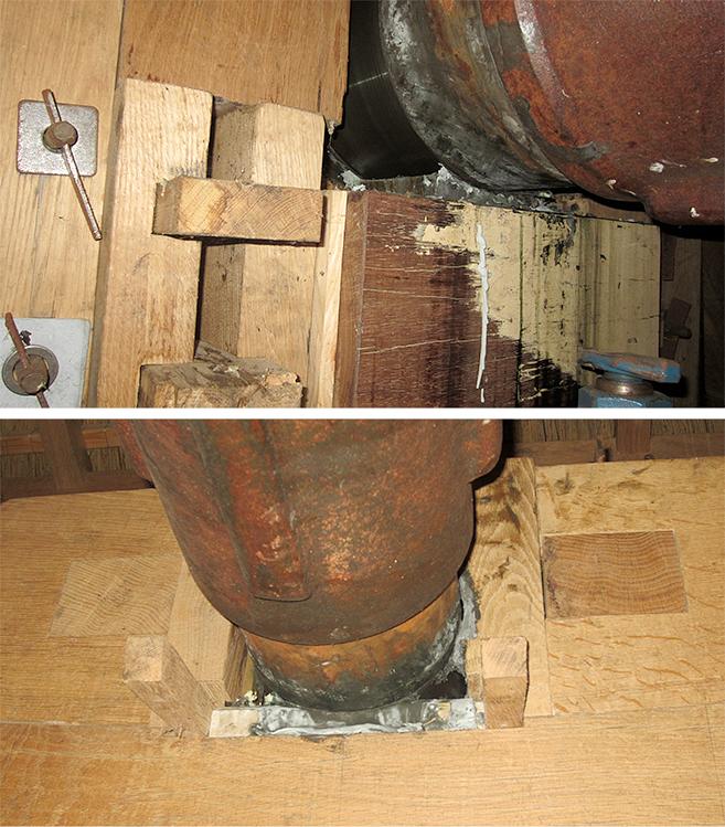 10, Molen 01174 f Babbersmolen (Schiedam), E. J. Druijff (18-11-2015). Aslager en penlager op bronzen plaat. | Database Nederlandse molens