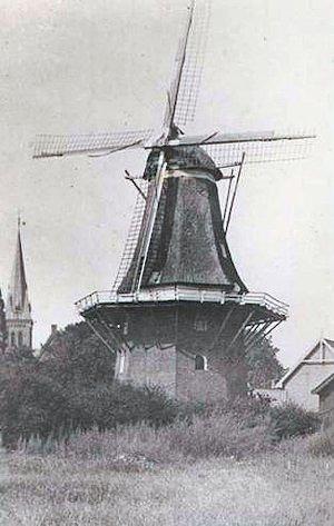 1, Molen 01851 De Jonge Gerrit / Mölle van Iesseldiek (Wijhe), Foto 3: n.n. (coll. V. Mepschen)
De molen was in 1970 nog op motorkracht in bedrijf.Aan de molen op stellinghoogte prijkt nog het reclamebord van UTD met de naam Th.J. IJsseldijk en Zn. | Database Nederlandse molens