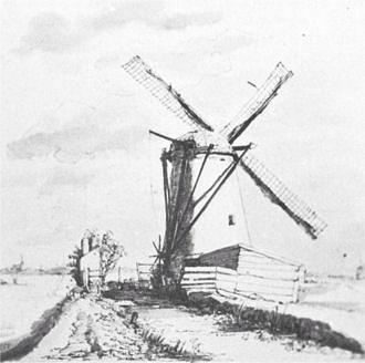 2, Molen 00985 a Oostvlietpolder, Oostvlietmolen (Leiden), Pentekening A.J. Kouwels, 1851, Gemeent. Archief te Leiden | Database Nederlandse molens
