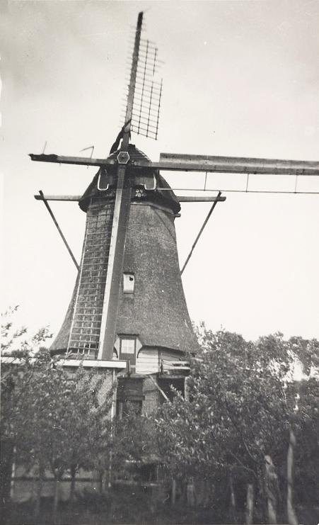 1, Molen 01859 Molen Koekkoek (De Vecht), Foto: coll. DHM, beschadigde wiek na beschieting 1945 | Database Nederlandse molens