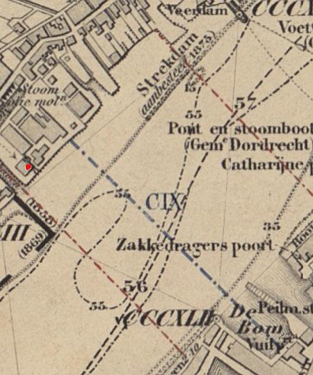 1, Molen 01519 b De Rozenburg (Zwijndrecht), fragment kaart Zwijndrecht, de rode stip geeft de locatie van de molen weer | Database Nederlandse molens