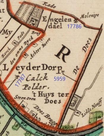 1, Molen 17787 Kalkpolder, westelijke molen (Leiderdorp), Kalkpolder (kaartherziening 1687), beeldbank NHA, de drie molens met databasenummers | Database Nederlandse molens