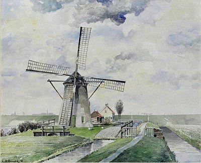 2, Molen 01919 Polder Deijffelbroek, Laagjesmolen (Pernis), Aquarel van Leen Molendijk | Database Nederlandse molens