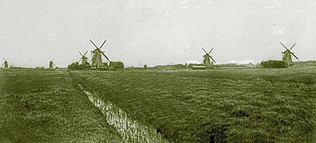 1, Molen 00927 Eendragtspolder,  Nr. 1 , Noordelijke bovenste middelmolen (Zevenhuizen), vlnr de molens 1, 2, 5, 3, 4, 6, coll. Arie Dekker | Database Nederlandse molens
