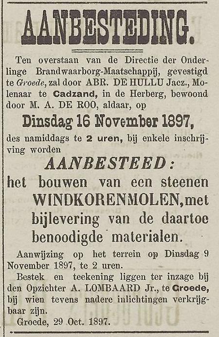 1, Molen 03599 b De Kat (Cadzand), De opvolger van deze molen werd nog hetzelfde jaar aangekondigd | Database Nederlandse molens