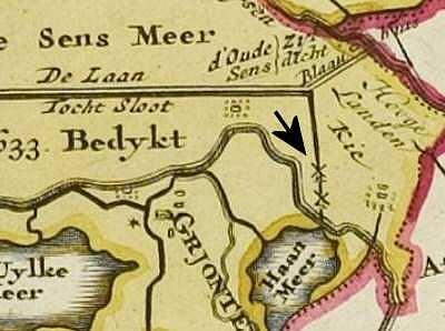 1, Molen 03668 b Sens- en Atzebuurstermeerpolders, Sensmeermolen / Marmoune (Greonterp), Atlas van Schotanus (1718), kaartfragment gemeente Wonseradeel | Database Nederlandse molens