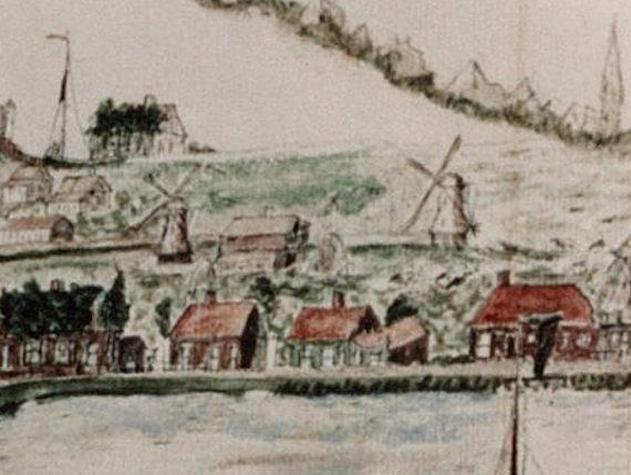 1, Molen 01067 b Polder Assendelft, Zuiderpolder, De Os (Nauerna), Detail aquarel Corn. Swart, 1856. Links De Bul, rechts De Os | Database Nederlandse molens