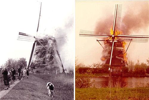 1, Molen 01502 Boezem van de Overwaard, Molen nr. 2 (Kinderdijk), Foto links: Jaap de Vries, opname 12 april 1981rechts Kees de Graaf | Database Nederlandse molens