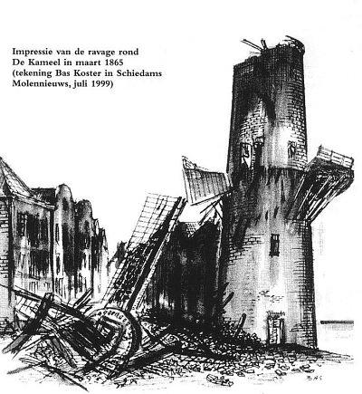 1, Molen 01174 b De Kameel (Schiedam), Tekening van Bas Koster, impressie ravage na ramp | Database Nederlandse molens