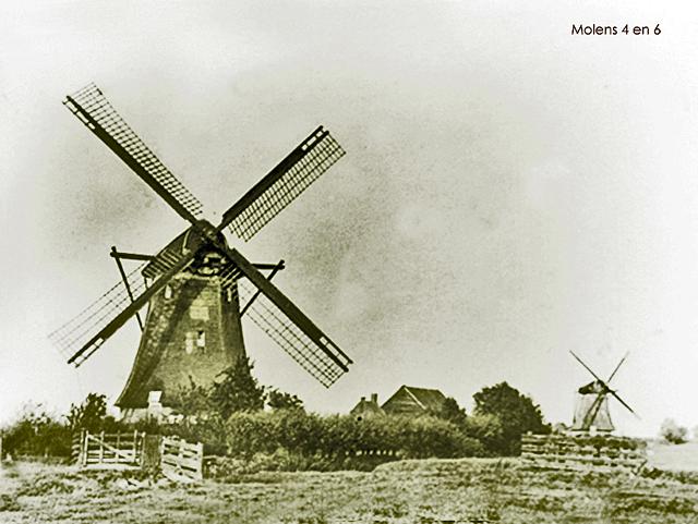 1, Molen 00932 Eendragtspolder,  Nr. 6 Zuidelijke ondermolen (Zevenhuizen), Foto coll. Arie Dekkerlinks nr 6 en rechts nr 4 | Database Nederlandse molens