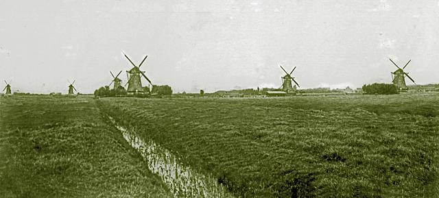 1, Molen 00930 Eendragtspolder,  Nr. 4 Zuidelijke middenmolen (Zevenhuizen), vlnr de molens 1, 2, 5, 3, 4, 6, coll. Arie Dekker | Database Nederlandse molens