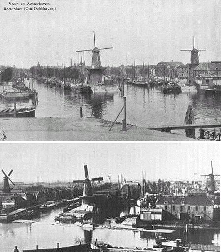 1, Molen 01170 De Distilleerketel (1e)/ Pelgrimmolen (Rotterdam, stadsdeel Delfshaven), Delfshaven in 1910, Links Het Vertrouwen, midden de Distilleerketel, rechts De Waakzaamheid | Database Nederlandse molens