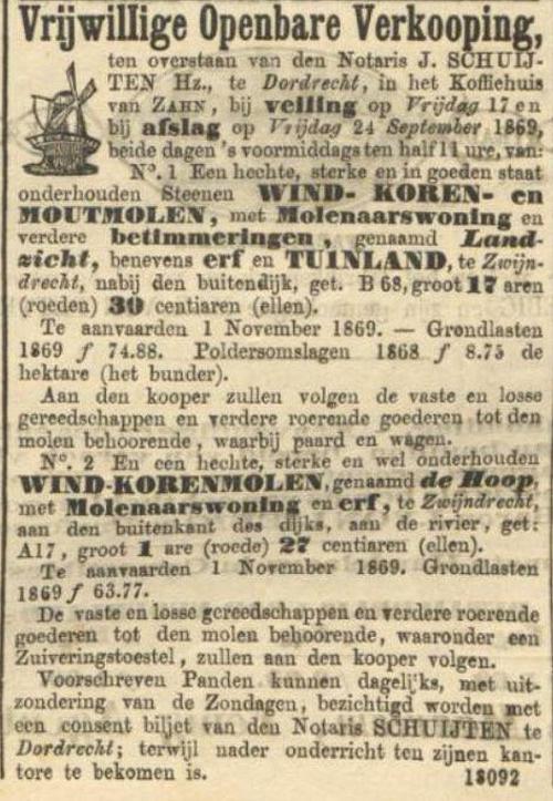 3, Molen 01519 a De Hoop (Zwijndrecht), Advertentie 5 sept. 1869, Nieuwe Rotterdamsche Courant | Database Nederlandse molens