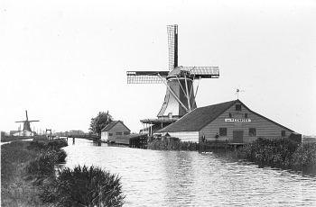 Molen 01777 f De Veenboer (Zaandijk), Links in de verte De Schoolmeester. Foto van ca. 1900 (coll. E. Terra) | Database Nederlandse molens