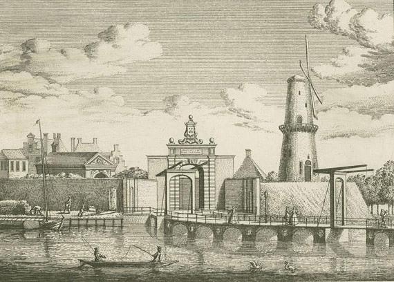 1, Molen 06677 m De Lely / De Leley (walmolen) (Leiden), Ets van Rademaker rond 1730, (verz.P.v.Driel) | Database Nederlandse molens