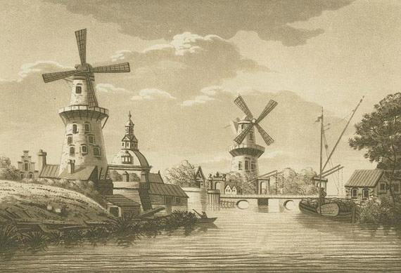 2, Molen 06677 m De Lely / De Leley (walmolen) (Leiden), Gravure van Samuel Ireland, 1795, links De Korenbloem, rechts de Lely (ver.P.v.Driel) | Database Nederlandse molens