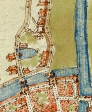 Molen 07171 Arkelmolen (Gorinchem), fragment kaart 1558, Jacob v Deventer, Nationaal Archief, coll Hingman | Database Nederlandse molens