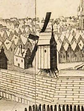 Molen 07184 Molen op het Bolwerk (Zierikzee), Detail stadsgezicht uit het zuiden, M. Smallegange, 1696 | Database Nederlandse molens
