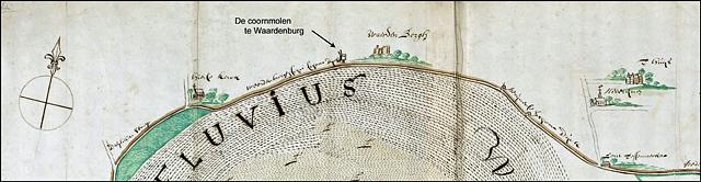 1, Molen 07206 Molen van Waardenburg (Waardenburg), uitsnede kaart Jos Tijnagel, maart 1666, bron Gelders Archief | Database Nederlandse molens