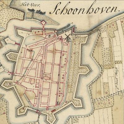 3, Molen 01474 e De Hoop / Het Fortuin (Schoonhoven), kaartfragment van Schoonhoven 1727, J.B. Prevost. | Database Nederlandse molens