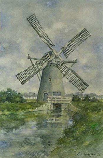 Molen 01918 Polder Langebakkersoord, De Buitenlandse Molen (Pernis), schilderij, ingezonden door D. van Asperen. | Database Nederlandse molens