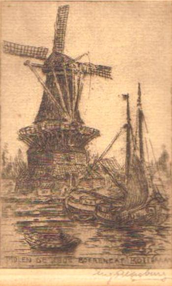 3, Molen 06678 u De Reus (Rotterdam), Ets van Eugene van Rensburg (ca 1905) Collectie Ton Plasmeijer | Database Nederlandse molens