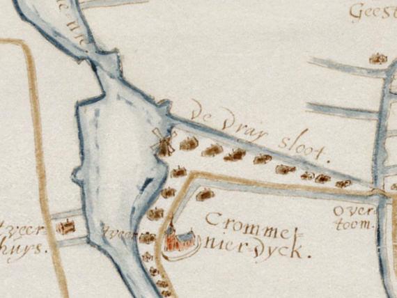 1, Molen 06655 l De Gorter / De Gortmolen / De Rietvink (Krommeniedijk), Detail kaart A. Metius, 1632 (NL-HlmNHA_51000311_G) | Database Nederlandse molens