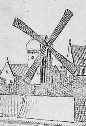 Molen 07330 Molen op de Noordwal (Brouwershaven), Detail ets M. Smallegange, 1696 | Database Nederlandse molens