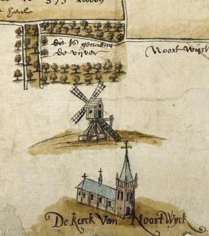 Molen 07255 Zuidmolen (Noordwijk), fragment van kaart van Jan Potter, 1566, Nationaal Archief, inv.nr 2307, coll Hingman | Database Nederlandse molens
