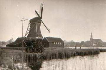 Molen 01062 De Bonte Hen (Zaandam-Oost), Foto: collectie Daan Henkens, De Koperslager (op de achtergrond)&nbsp; | Database Nederlandse molens