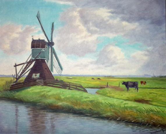 1, Molen 01789 Veerpolder, De Veermolen / Padoxmolen (Warmond), Schilderij van Dirk Smorenberg (1883-1960), coll. Carel van der Poel | Database Nederlandse molens