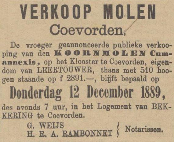 2, Molen 02725 Molen van Plas / De Hoop (Coevorden), Krantenartikel 9 december 1889, Prov. Drentsche en Asser courant | Database Nederlandse molens